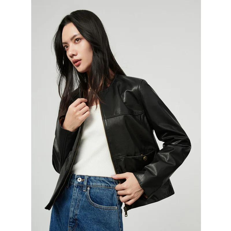 

2023 Autumn/Winter New Genuine Leather Coat Women's Round Neck Short Jacket Oil Wax Loose Style Coat