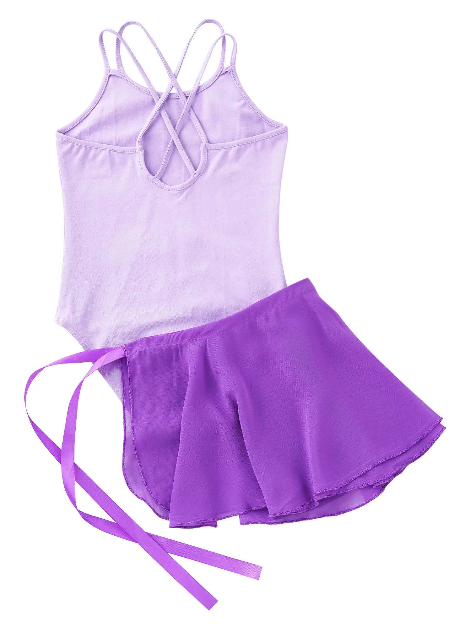 Kids Girls Dancewear Spaghetti Strap Crisscross Back Leotard with Chiffon Mini Pull-On Wrap Skirt for Ballet Dance Sportwear