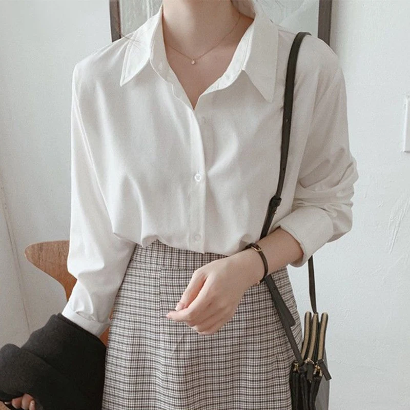 

Spring Autumn Polo-neck White Black Simple Chiffon Shirt Ladies Long Sleeve Elegant Fashion All-match Blouse Women's Clothing