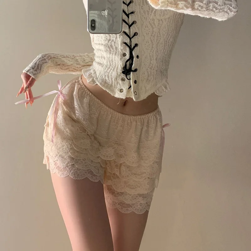 Cute Multilayer Shorts Women Ribbons Bows Elastic Waist Unsoft Lace Ruffles Bottoming Shorts for Sweet Girls Kawaii Clothes