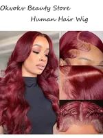 Perruques Lace Front 13x4 HD Transparentes en Cheveux Humains Rouge Bourgogne 99J, Ondulées, Pré-Pluckées, 34 Pouces, Pour Femmes 5