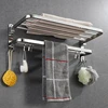 Stainless Steel Towel Rack Foldable Punching Free Bath Towel Shelf With Hooks Home Kitchen Bathroom Supplies Storage Holder 1