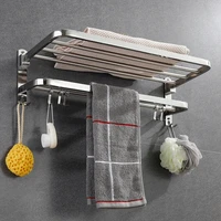 Stainless Steel Towel Rack Foldable Punching Free Bath Towel Shelf With Hooks Home Kitchen Bathroom Supplies Storage Holder 1