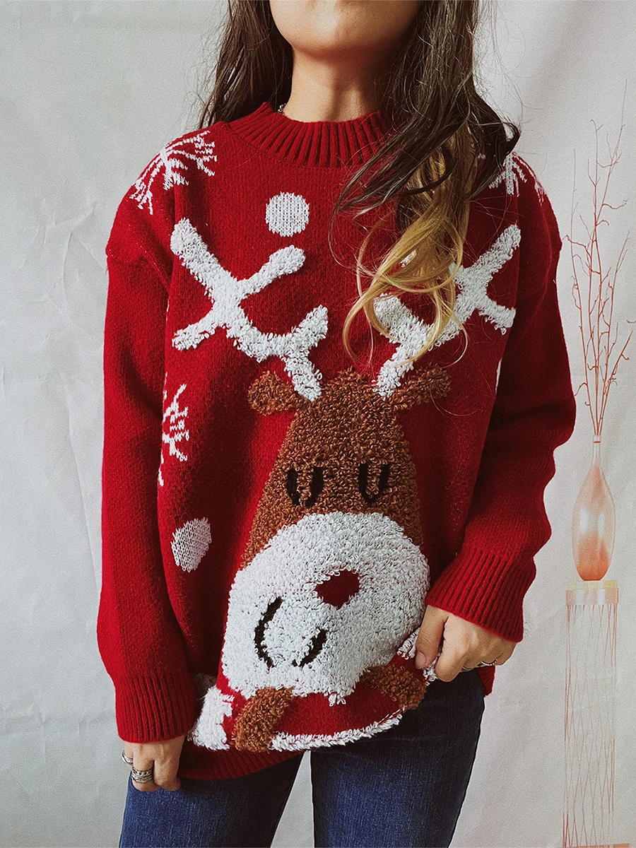 

New Fashion Womens Autumn Winter Knit Sweater Long Sleeve Crewneck Elk Snowman Print Knitwear Skin Friendly Hot Sale S-XL