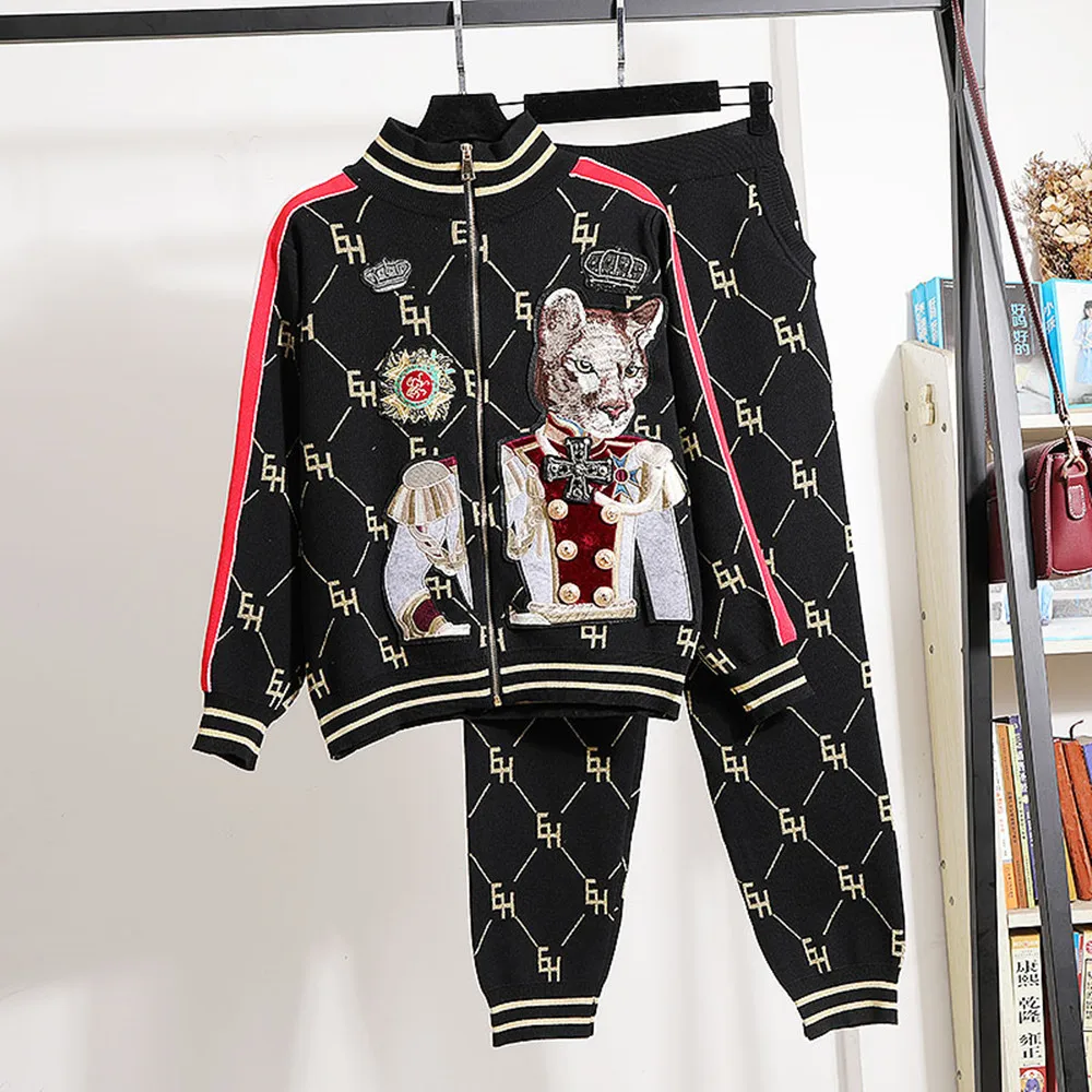 

Spring Autumn Chic Leusire Suit Women's High Quality Embroidery Knitted Jackets + Casual Pants Two Piece Set B373