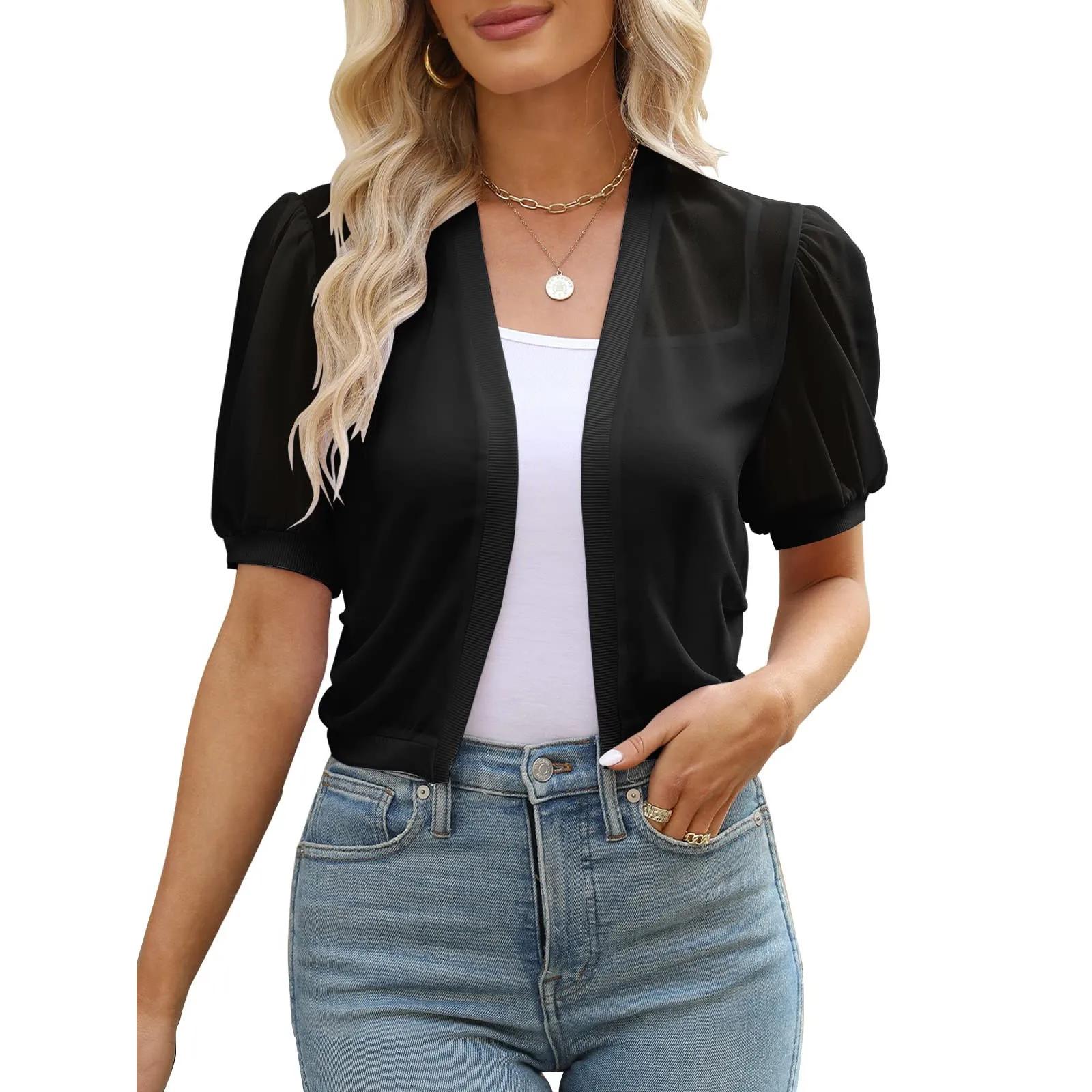 

Women Puff Sleeve Bolero Open Front Summer Cropped Sheer Jackets Vintage Business 3D Print Camisa Harjauku Chemise Femme Blusas