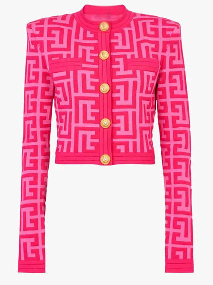 

HIGH STREET Newest 2024 Designer Jacket Women's Lion Buttons Monogram Geometric Jacquard Knitted Cardigan