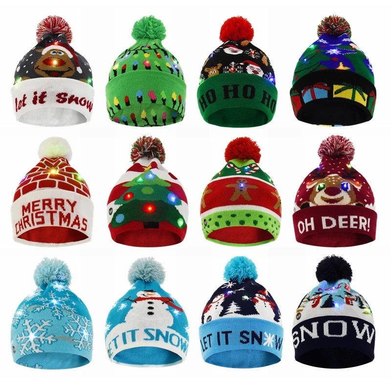 New Christmas Hat with Flashing LED Light Cartoon Santa Claus Snowman Elk Knitted Hat Cap Kids Adults New Year Christmas Gifts