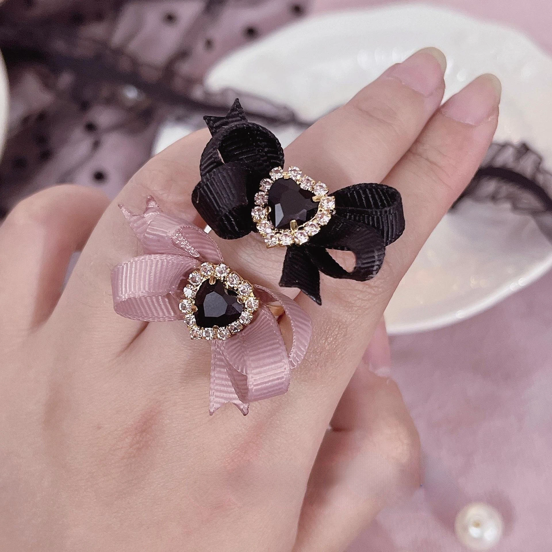 Harajuku Lolita Crystal Love Heart Ribbon Bow Knot Ring Per Le Donne Dark Cool Sweet Cute Trendy Jewelry Estetica Y2K Accessori