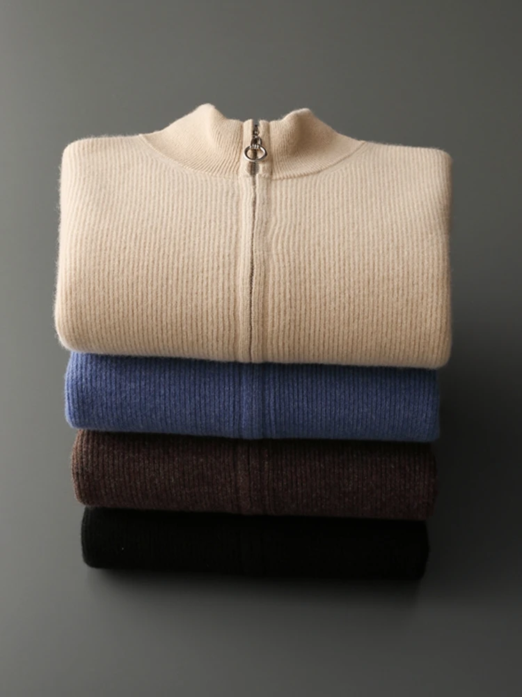 ADDONEE Autumn Winter Men Zipper Cardigan Mock Neck Thick Cashmere Sweater 100% Merino Wool Knitwear Smart Casual Sweater Coat 5