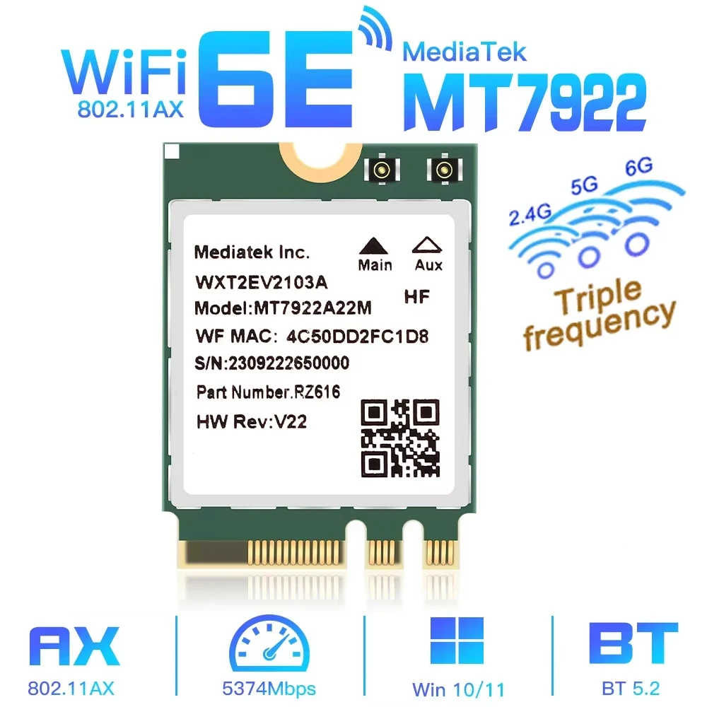 AX5400 WiFi6E MT7922 M.2 무선 카드 BT 5.2 트라이 밴드 2.4G/5G/6Ghz 네트워크 어댑터 802.11AX 무선 어댑터 Win 10/11