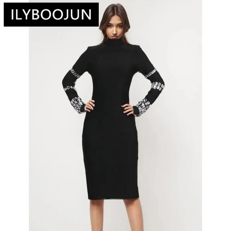 

Patchwork Diamonds Slimming Dresses For Women Turtleneck Long Sleeve High Waist Casual Sexy Dress Female Fashion Clothes New