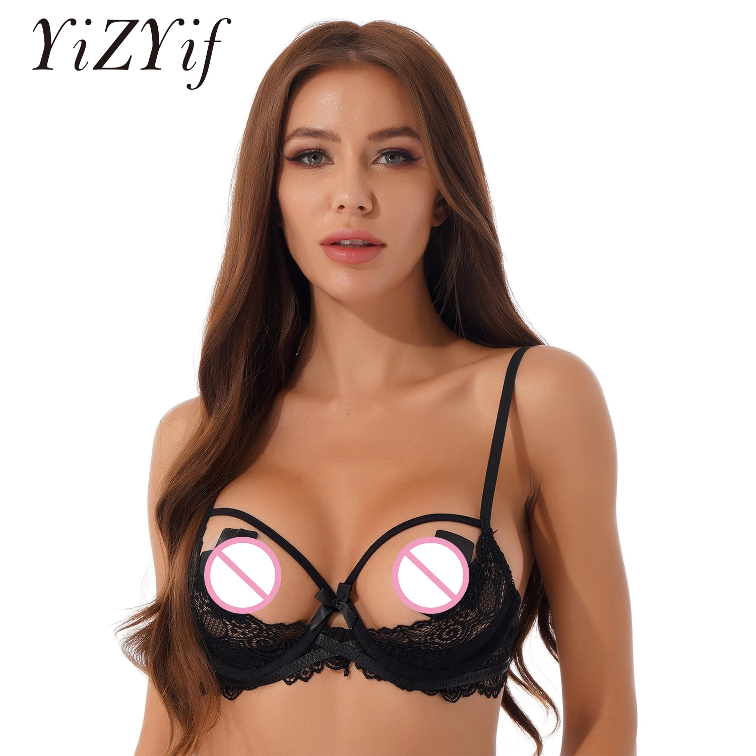 

Womens Erotic Lingerie Bras Tops See Through Sheer Lace Underwear Adjustable Spaghetti Straps Open Cups Underwired Bra Tops