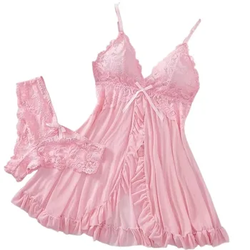 Ensemble de lingerie sexy pour femme, comprenant un soutien-gorge érotique, une chemise de nuit en dentelle sexy, des robes de nuit et des robes douces et ajustées de couleur unie à col en V, style nuisette complète