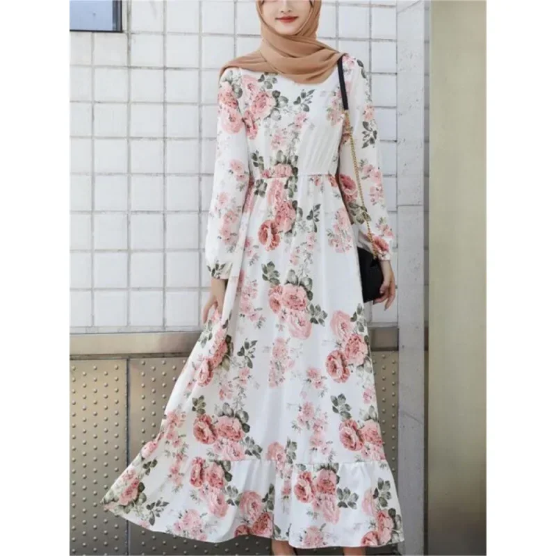 

Floral Print Muslim Dress Women Abayat Big Swing Long Dresses Robe Femme Musulmane Muslim Hijab Abaya Ramadan Islamic Clothing