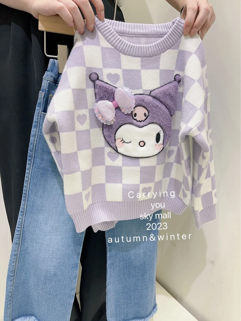 Sanrio Knitted Sweater Hello Kitty Cinnamoroll Kuromi Children's Winter Warm Brooch Accessories Cute Girl's Bottoming Shirt Gift
