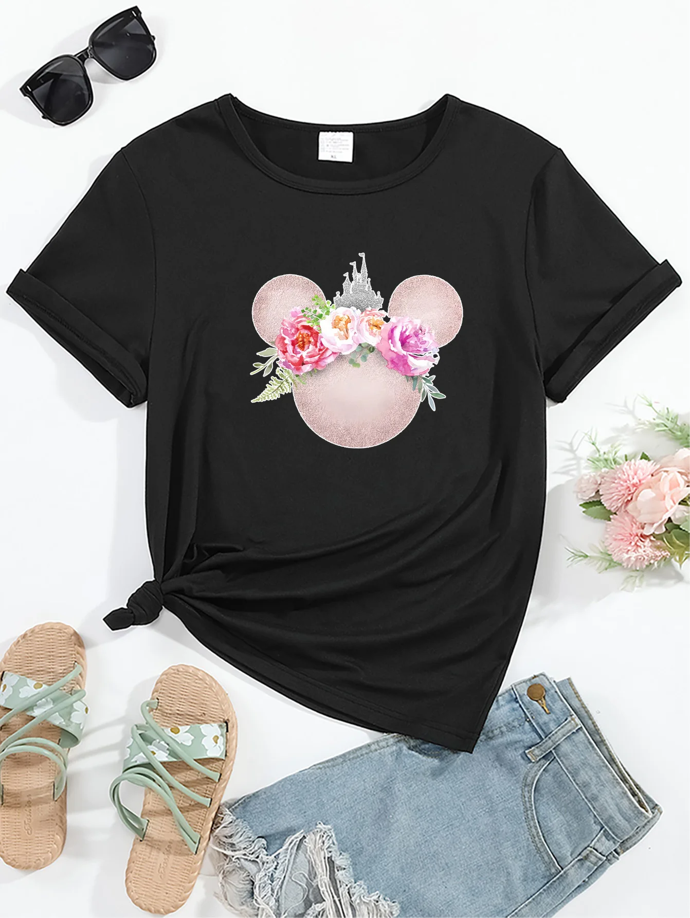 

Cartoon Mouse & Floral Graphic Short Sleeves Sports Tee, Round Neck Workout Causal T-shirt Top, Women's Activewear