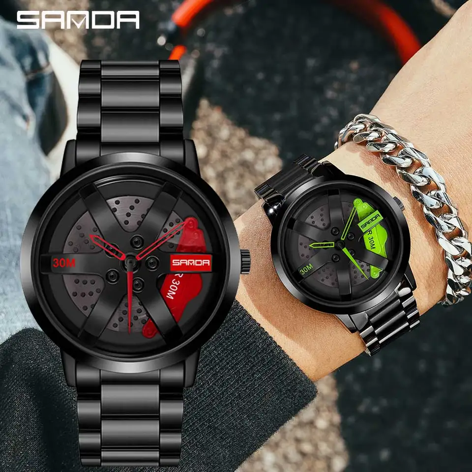 Heren polshorloge creatieve 3D draaiende auto wiel roterende horloges velg hub ontwerp mode quartz stijlvol polshorloge met roestvrij stalen band geschenken voor autoliefhebbers, armband
