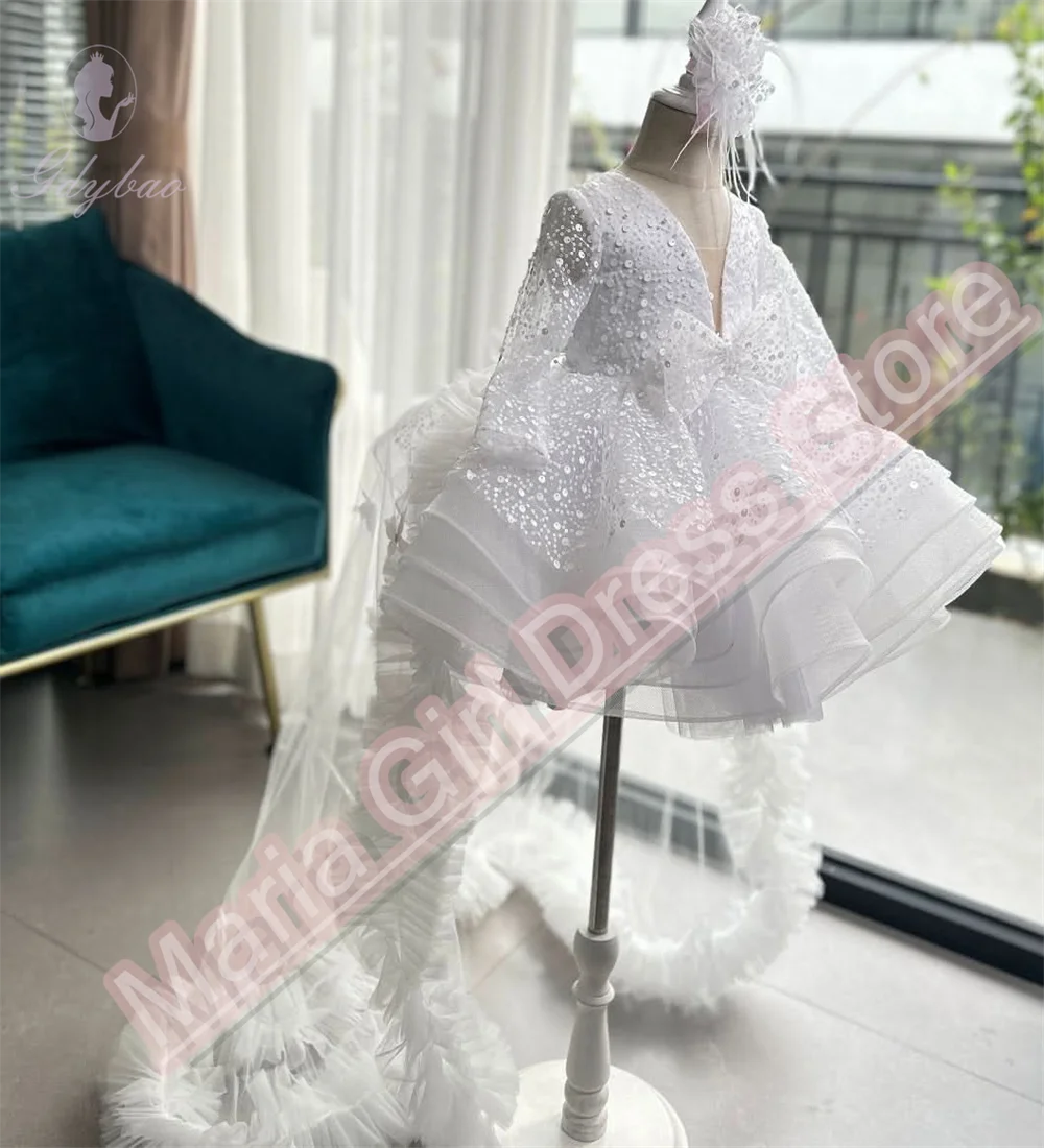 White Sequins Long Sleeve Party New Flower Girl Dress Tailing Puffy V-Neck First Communion Birthday Wedding Dress