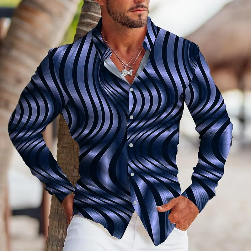 2024 Hot Selling Men's Shirts Pattern Printed Geometric Cuff Tops Button Design Clothing Sports Fashion Long Sleeve Shirts