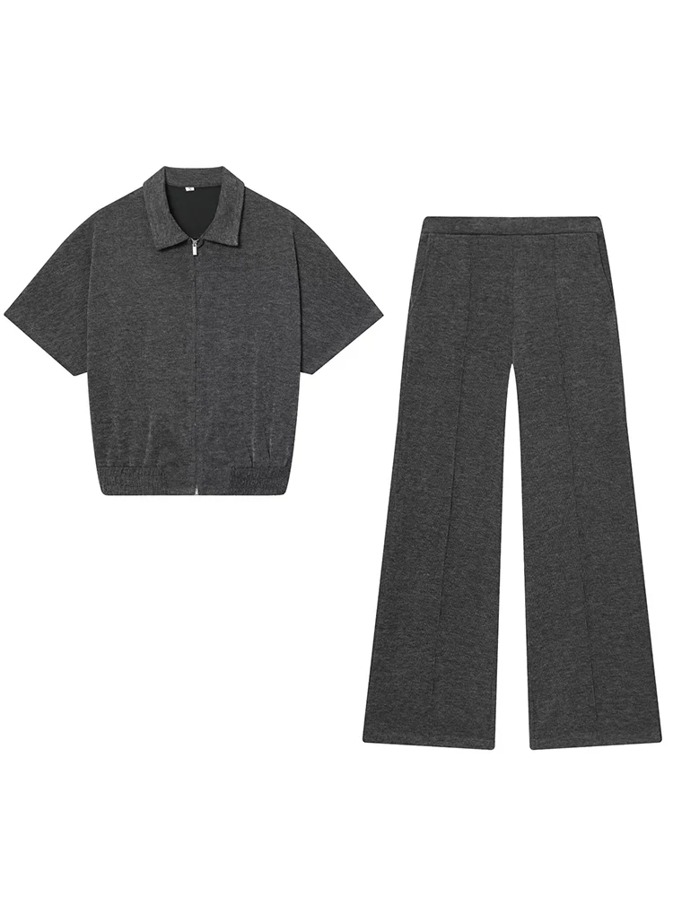 Autumn Women Straight Pants 2-Piece Set Short Sleeve Lapel Zipper Tank Tops Elastic Waist Wide-leg Pockets Pants Chic Outfits