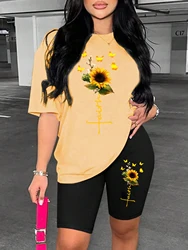Sunflower Butterfly Print Women's Fashion Two - Piece Short Set - XXXL (Sun Orange - Black)