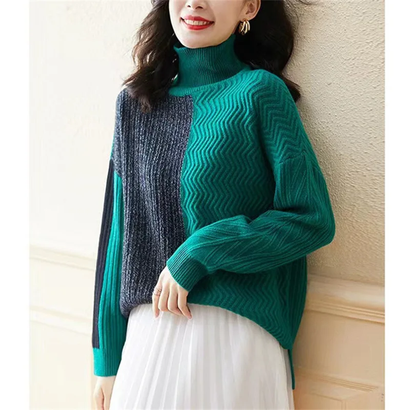 

Pullover color matching sweater women's new Korean version of lazy wind sweater loose slim bottoming shirt