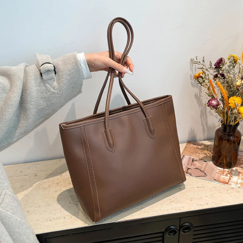 Leather Retro Tote Bag for Women Zipper Closure Shoulder Handbag Solid Top Handle Bag Simple Shoulder Bag for Work & Daily Use