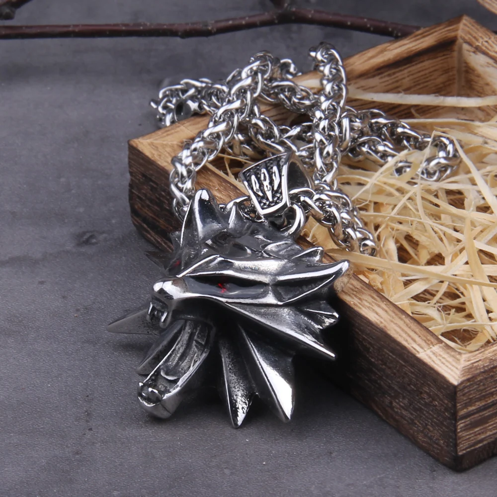 Stainless Steel Viking Jewelry Wizard 3 Wild Hunting Game Pendant Necklace Geralt wolf head necklace with wood box_voghion.com