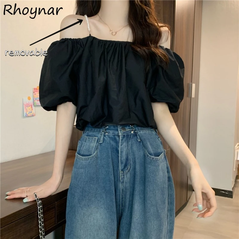 

Slash Neck Cropped Blouses Women Summer Elegant Folds Design Puff Sleeve Temper Fashion Leisure All-match Tender Solid Young Ins