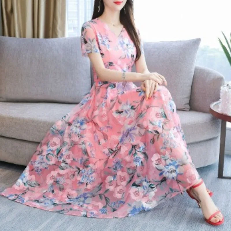 New Summer Women Chiffon Printed Dress V-neck Long Slim Dress Korean Version Plus Size Vacation Beach Female Clothes