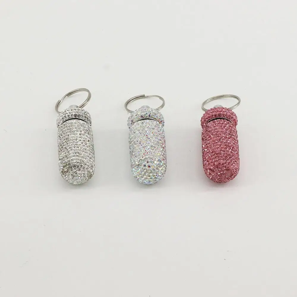 Women Crystal Granule Storage Box Waterproof Rhinestones Capsules Organizer Travel Pill Case Bling Medicine Bottle Key Ring