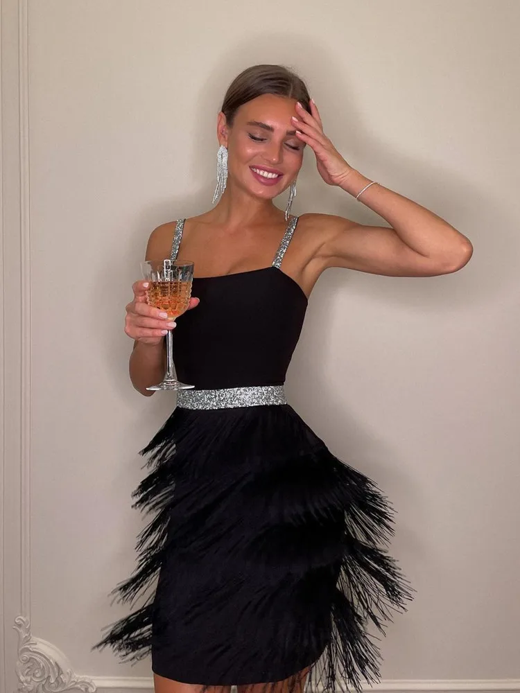 

SKMY Nightclub Party Sling Fringe Dress 2023 Summer New Clothes For Women Sexy Clubwear Fashion Tassel Spaghetti Strap Dress