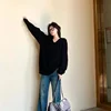 FA656 2024 Autumn and Winter New Women's Loose V-neck Black Sweater Lazy Style Temperament Versatile Pullover Knitted Sweater 4