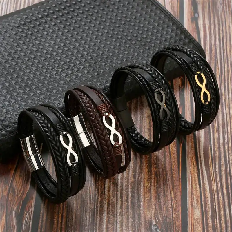 Multi-Layer Men Leather Bracelet Stainless Steel Infinity Symbol Charm Fashion Classic Bracelets for Men Jewelry Gift