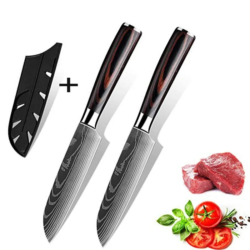 Kitchen Knife Meat Cleaver 5" Japanese Santoku Knife Laser Damascus Pattern Professional Butcher Boning Fish Fruit Utility Knife