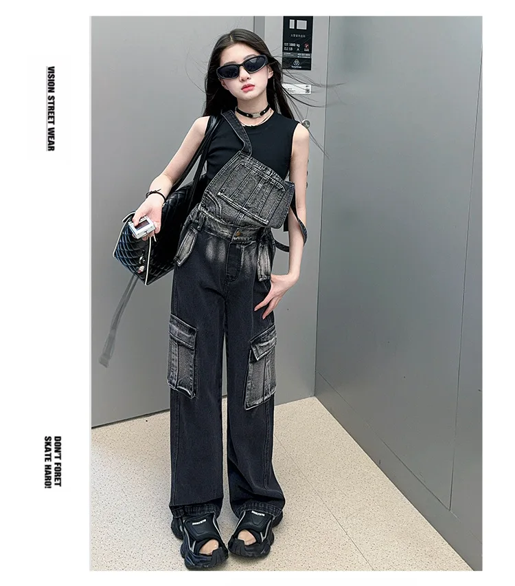 2025 Spring/Autumn Girls Denim Overalls Trendy Detachable Wide-Leg Jeans for Kids Stylish Versatile Casual Two Wear Trousers