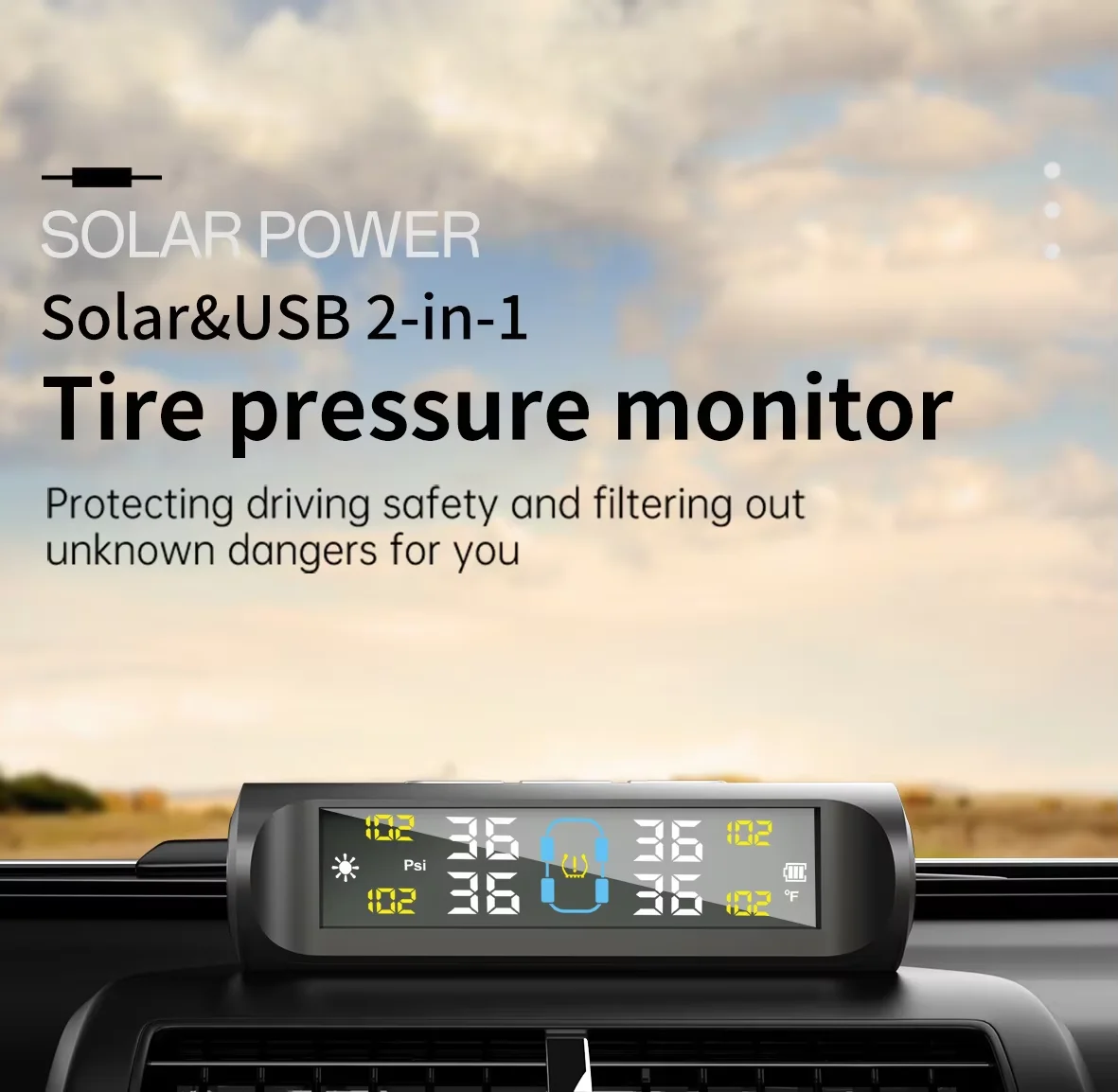 Solar-Powered Car Tire Pressure Monitoring System with 4 External Sensors and Alarm