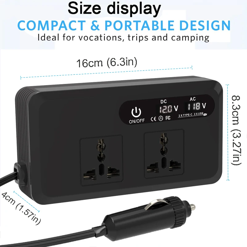 DC 12V에서 AC 110V/220V 200W 자동차 인버터 PD+QC3.0 듀얼 타입 C+2 USB 포트 휴대폰 충전기 시거잭 전원 어댑터 유니버설