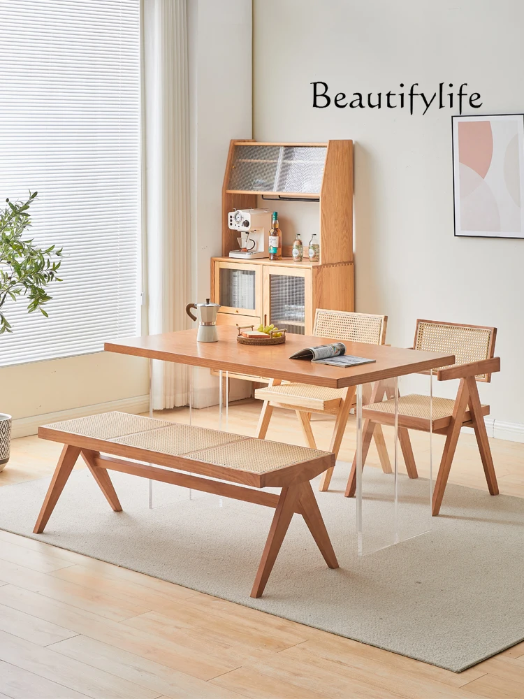 

Yunji Style Rattan Long Stool Home Living Room Tailstock Solid Wood Clothing Store Shoe Changing Stool