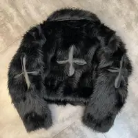 2024 Winter Women Jacket Lapel Long Sleeve Patch PU Cross Fur Cotton Coat 1