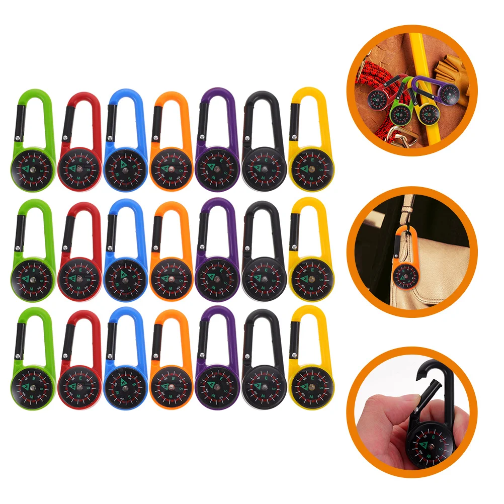 21 Pcs Compass Key Chain Carabiner with Hook Clip Hiking Keychain Pocket Survival Outdoor Mini