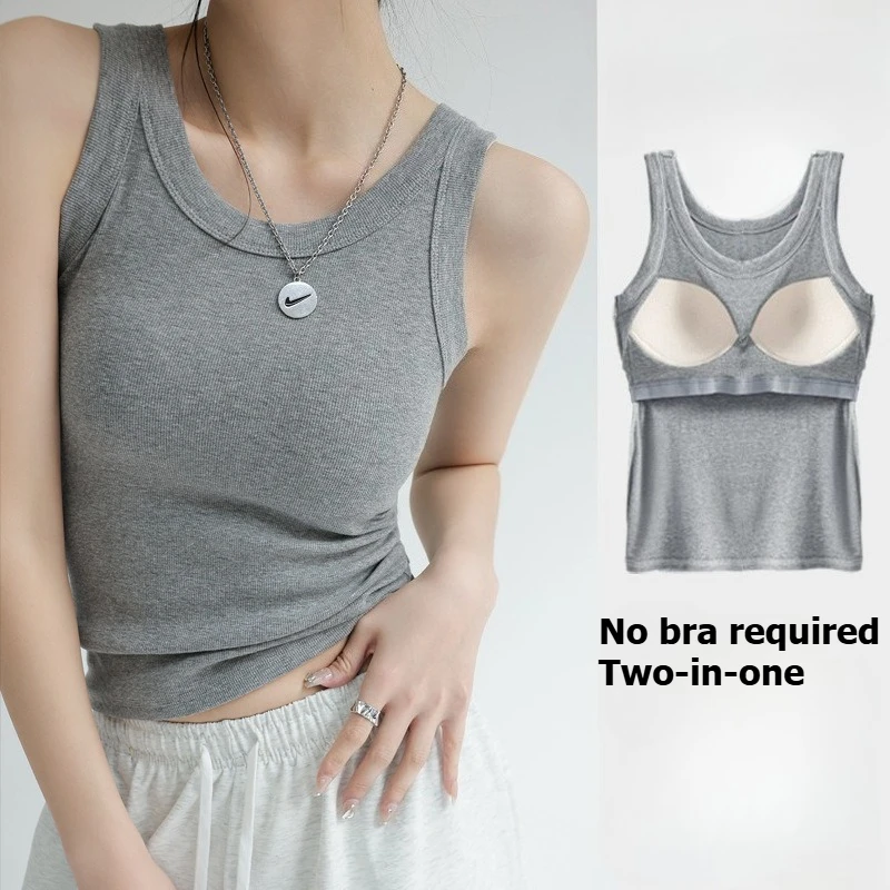 Camisole côtelée tout-en-un pour femme, col rond, soutien-gorge intégré, haut sans manches pour un usage quotidien décontracté, vêtements de mode coréenne Y2k 1