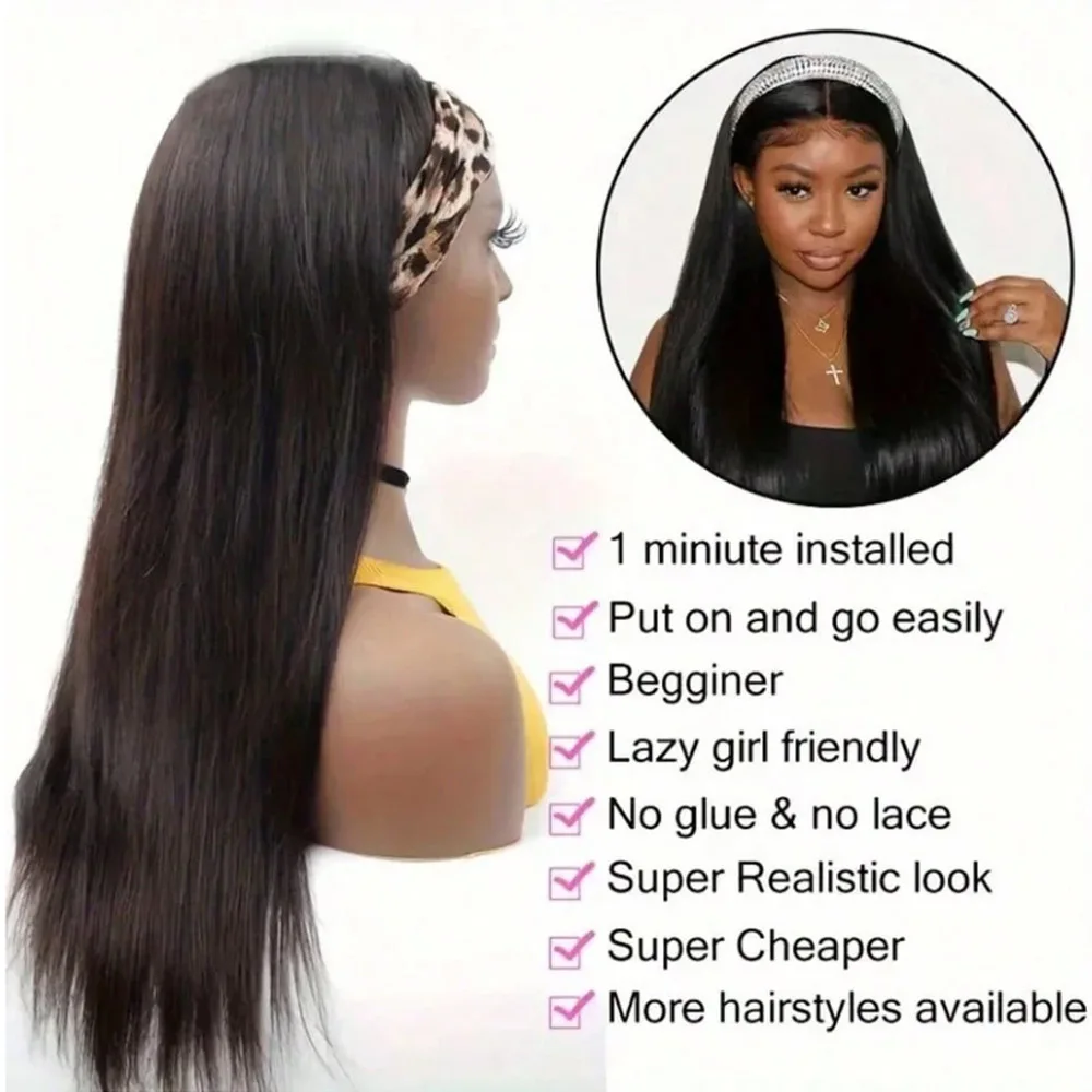 Headband Wig Human Hair Straight 20 Inch Headband Wigs for Women None Lace Front Human Hair Natural Black 200% Density
