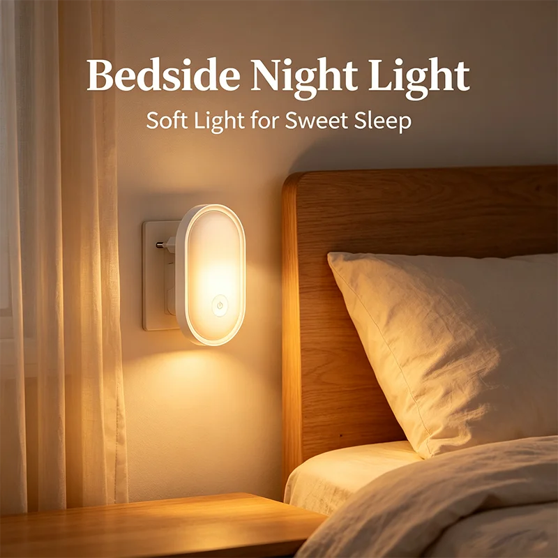 Eco-Friendly LED Night Light Wall Lamp with Light Control for Bedroom Decor, EU Plug, Energy-Saving