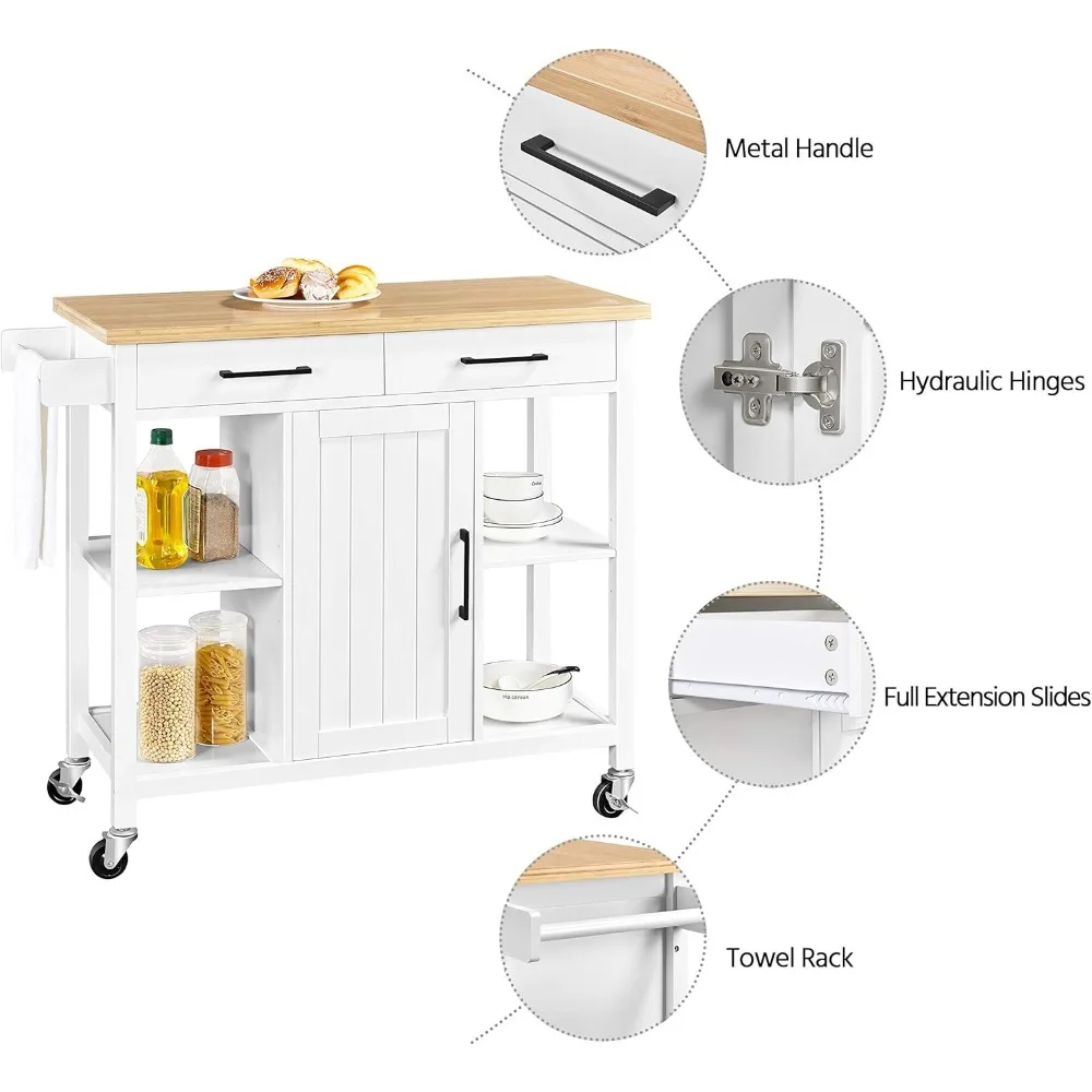 Kitchen Island Cart with Bamboo Countertop Rolling Kitchen Storage Trolley with 2 Drawers and Adjustable Shelves