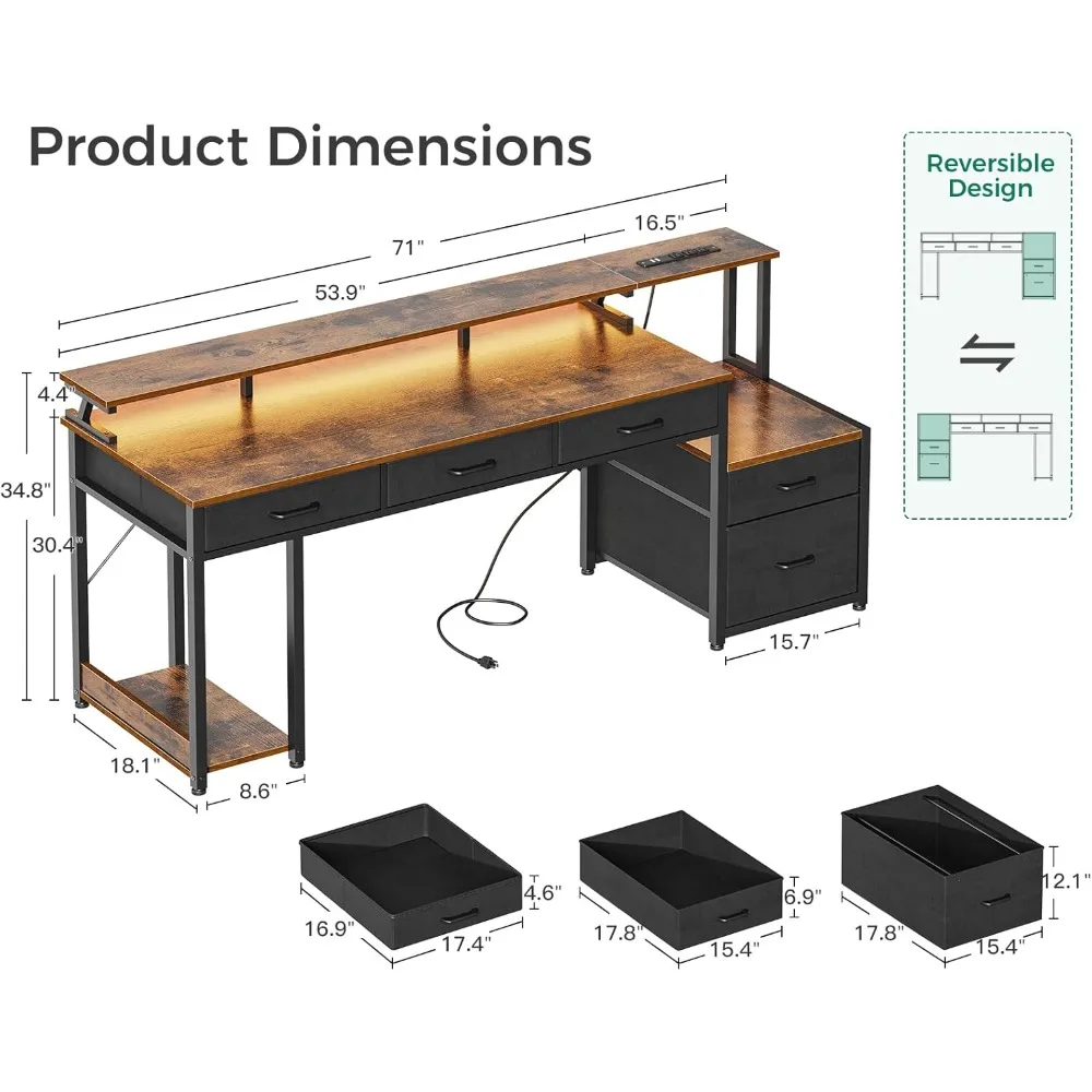 71 Inch Computer Desk with File Drawer, Reversible Office Desk with 4 Drawers & Power Outlet, LED Strip Monitor Shelf CPU Stand 3