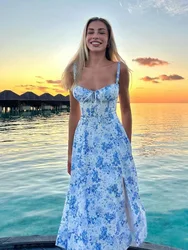 Suninheart Women's Elegant Floral Midi Dress - Sweet Summer Blue with Lace - Up Detail - S (Blue print)