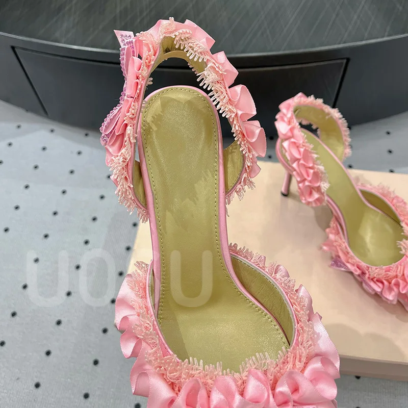 New Designer Women High Heels 9.5cm Fine Heel Luxury Lace Petal Strap Crystal Pointed Toe Ladies Shoes Ankle Strap Dress Shoes