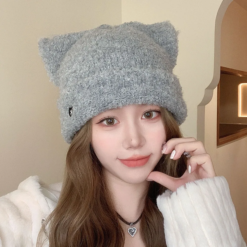 New Y2k Cat Ear Beanies Warm Ear Protection Plush Knitted Hat Soft Love Embroidered Warm Hat Autumn and Winter 3